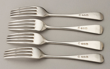 Old English Pattern Sterling Silver Dessert Forks (Set of 4) - Newton Family Crest, Dunleckney, County Carlow 